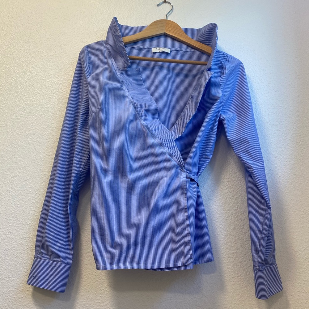 Aritzia Babaton Blue and White Pin Stripe Wrap Top